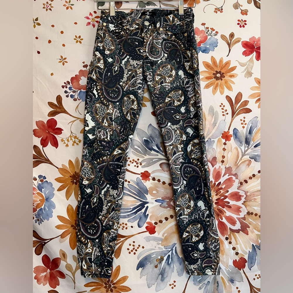 7 For All Mankind 24/25 Brown Green Paisley Modern Boho Crop Skinny Pant Grandpa